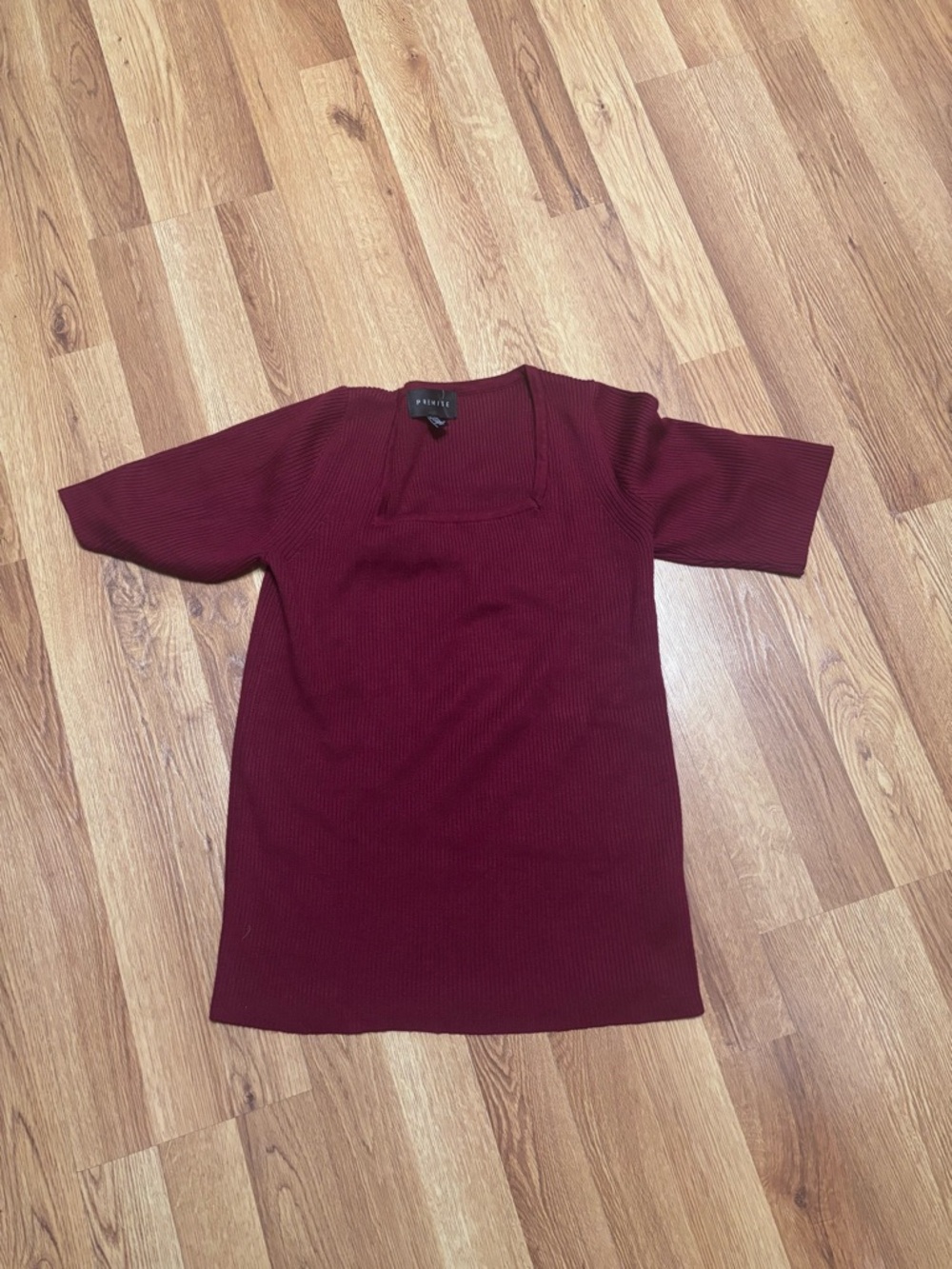 Premise Burgundy Ribbed Square-Neck Short Sleeve Top